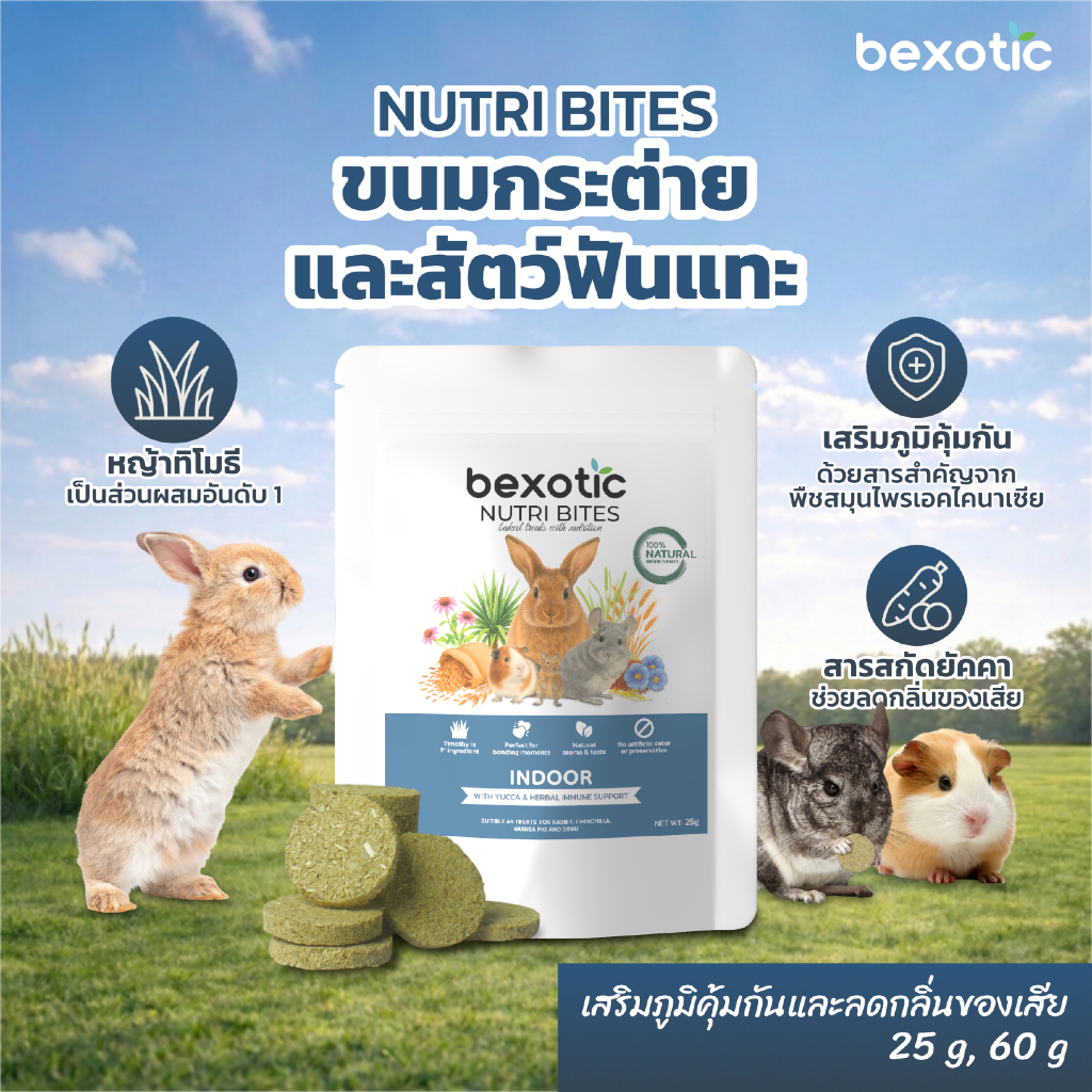 ขนมกระต่าย แกสบี้ ชินชิลล่าและสัตว์ฟันแทะ  NUTRI BITES สูตร INDOOR ลดกลิ่น เสริมภูมิคุ้มกัน