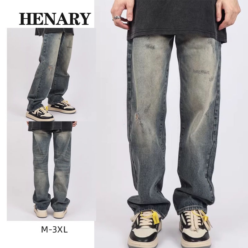 Henary กางเกงยีนส์ทรงตรงผู้ชาย สไตล์วินเทจ มีการสร้างความเสื่อมสภาพ ขนาด M-3XL