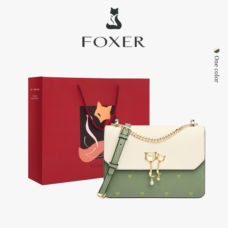 FOXER กระเป๋าสะพายข้างหนังแท้ กระเป๋าโท้ททรงมินิมอล โทนสีบล็อก