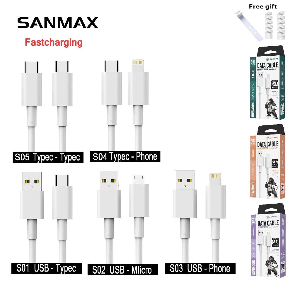 sanmax สายชาร์จ 6.4a สายทองแดงแท้ Fastcharging รองรับทุกแบรนด์ PD Typec MIcro phone สำหรับ vooc QC3.0 ios Android 1ม 2ม