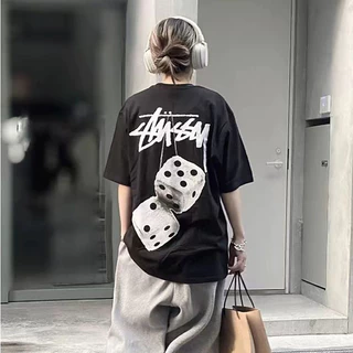 เสื้อยืดคอตตอนคุณภาพสูงสำหรับผู้ชาย เสื้อสั้นลายลูกเต๋าสไตล์ Stussy สตรีทอเมริกันหลวมๆ