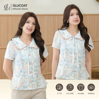 Glucoat | [U433] เสื้อแขนสั้นคอบัว พิมพ์ลายดอกไม้ แต่งชายระบาย พร้อมเชือกผูกโบว์ กระดุมหน้าใช้งานได้จริง