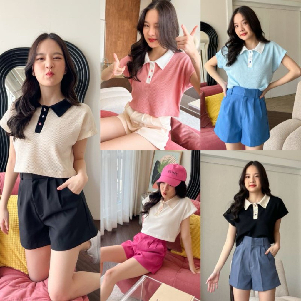 ddarling shop ส่งต่อ🤍💜 (ราคาเต็ม290฿) เสื้อครอปคอปกโปโลแขนปีกกระดุมหลากสี สีม่วงพาสเทลปกขาว และครีมป