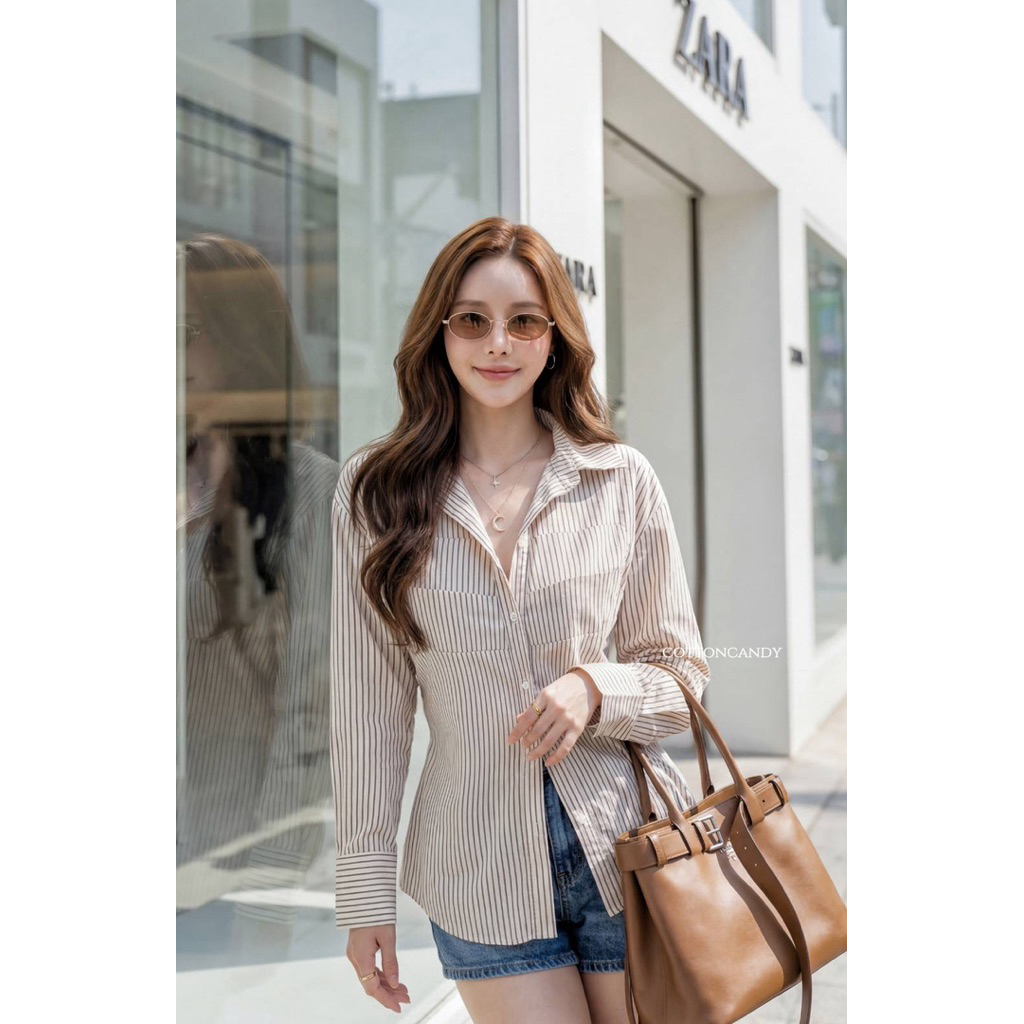 #Cotton Candy   เสื้อเชิ้ตริ้ว ฟ้า/น้ำตาล New Emily korea top ราคา ถูกที่สุด ดีลบีเคเค แกลเลอรีภาพที่ 6