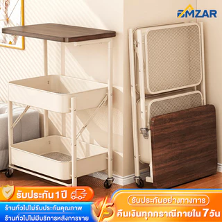 BMZAR ชั้นวางของ ชั้นวางของพับเก็บได้ ร้อมล้อเลื่อน+ที่จับ ชั้นวางของรถเข็น 2 ชั้น ทำด้วยไม้ แข็งแรงกันสนิม