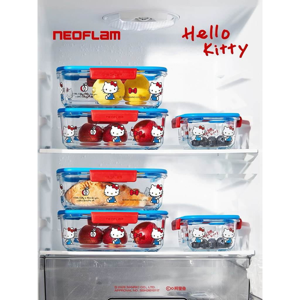<พร้อมส่ง23/04 🔥> Neoflam x Hello Hitty กล่องเนื้อแก้ว ลายคิตตี้ ฝาปิดแน่น กระเป๋าเก็บอุณหภูมิ รุ่นสีแดง-ฟ้า