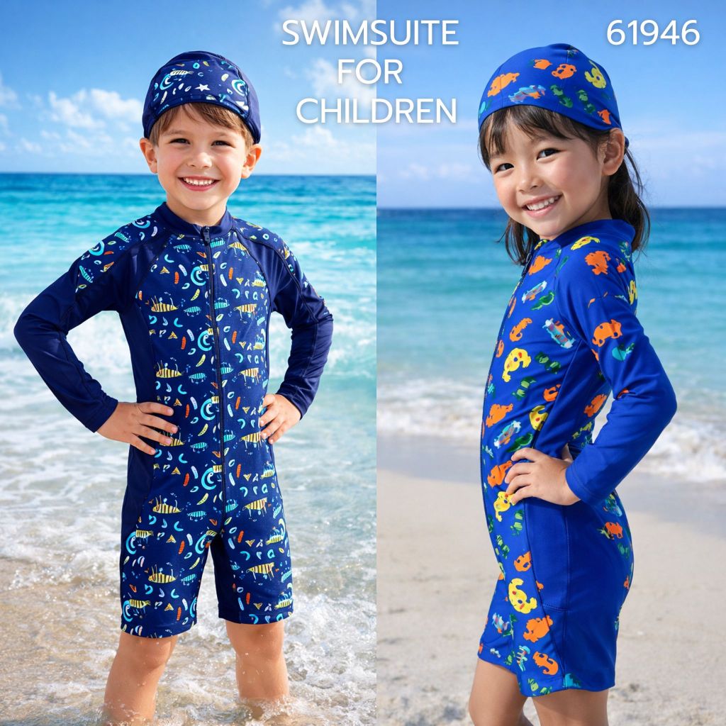 ชุดว่ายน้ำเด็กชิ้นเดียว แขนยาวขาสั้น พร้อมหมวกว่ายน้ำ ใส่ได้ทั้งชายและหญิง 61946-2