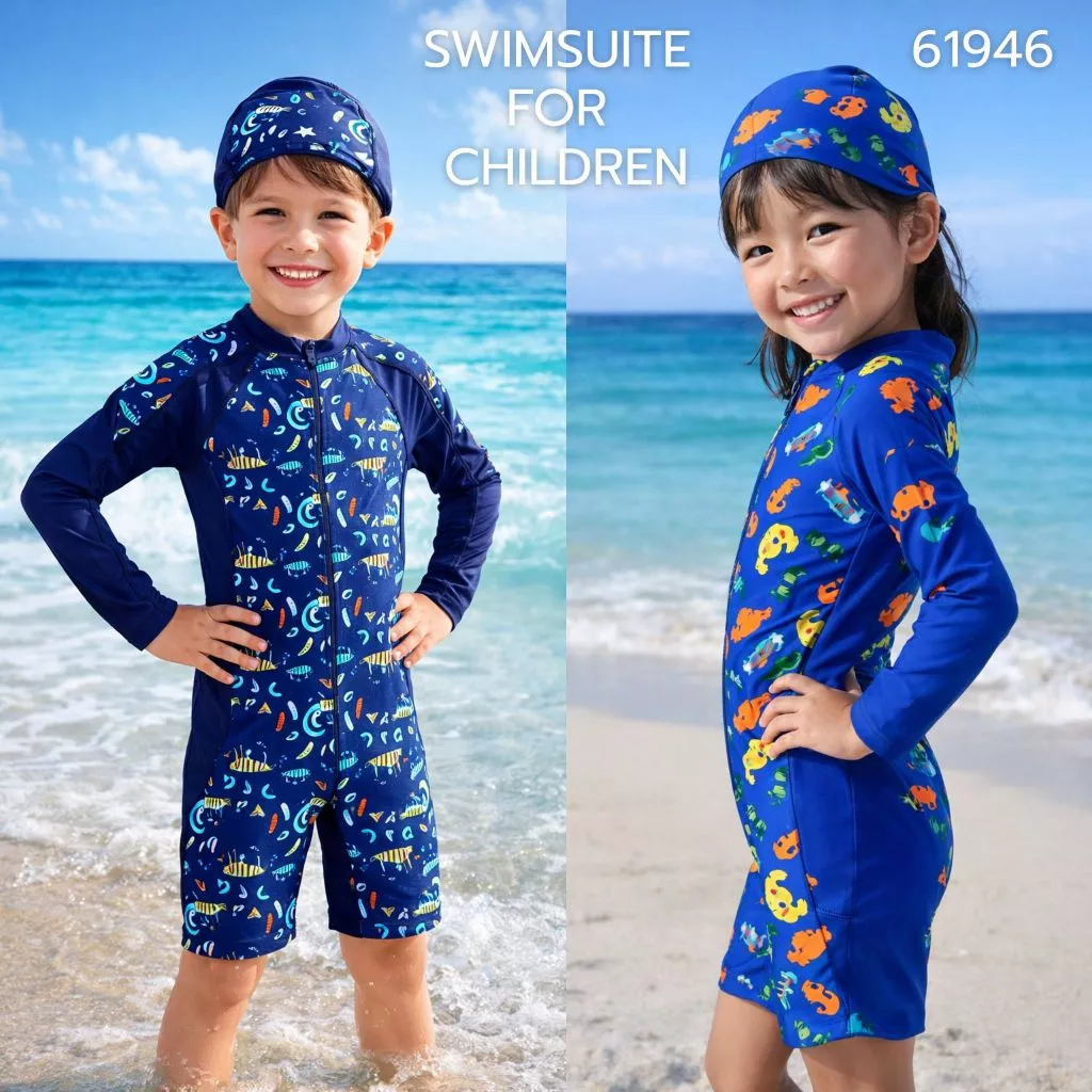 ชุดว่ายน้ำเด็กชิ้นเดียว แขนยาวขาสั้น พร้อมหมวกว่ายน้ำ ใส่ได้ทั้งชายและหญิง 61946-2