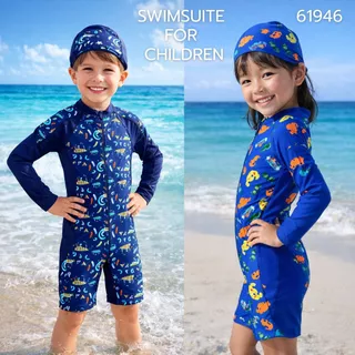 ชุดว่ายน้ำเด็กชิ้นเดียว แขนยาวขาสั้น พร้อมหมวกว่ายน้ำ ใส่ได้ทั้งชายและหญิง 61946-2