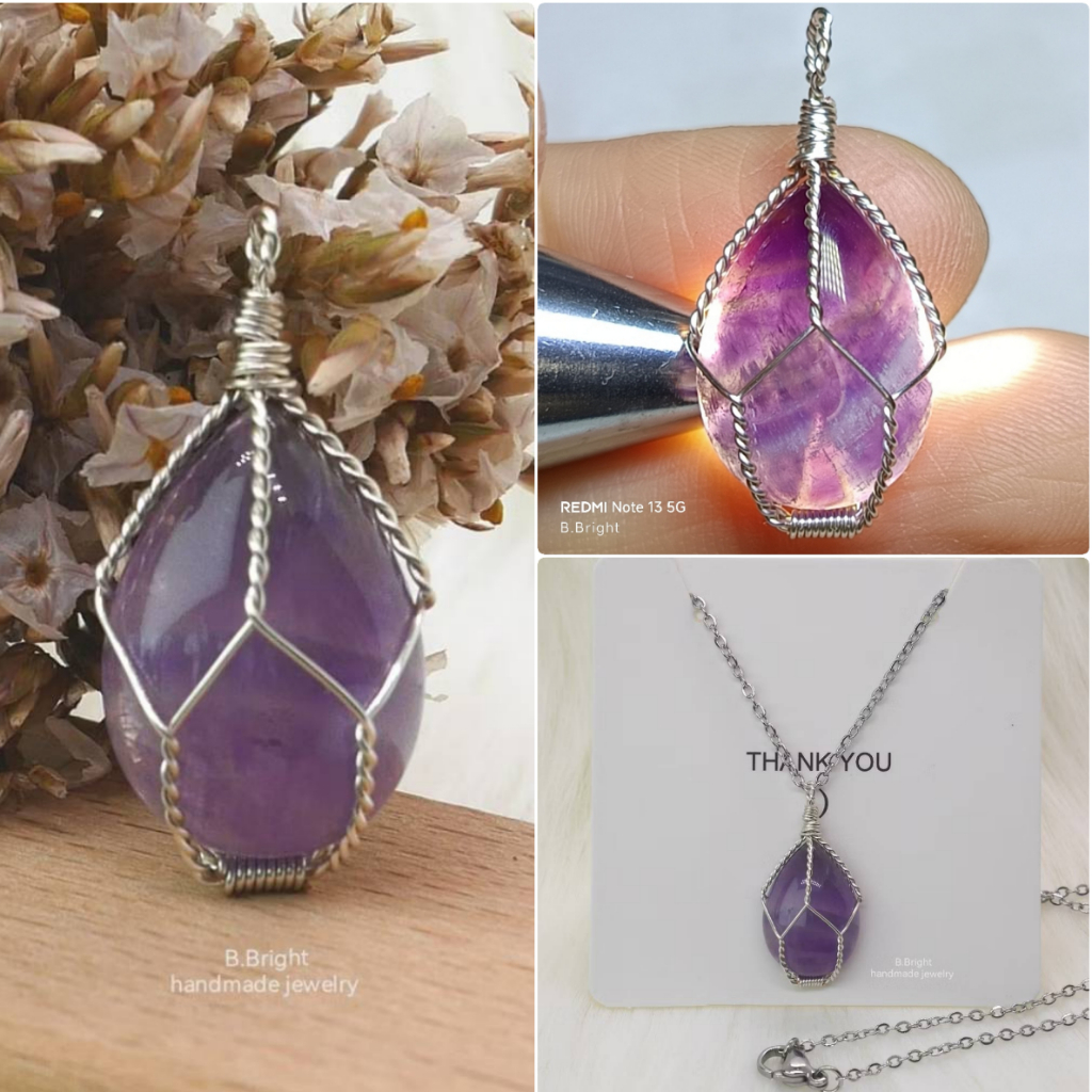 มีส่งด่วน💥 จี้หินแท้ 100% อเมทิสต์ Amethyst ทรงหยดน้ำ เลือกเม็ดหินได้ งานพันลวดทำมืือ