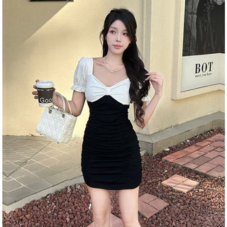 เดรสแขนพอง กระโปรงพลีทสีตัดกัน มีให้เลือก 3 สี