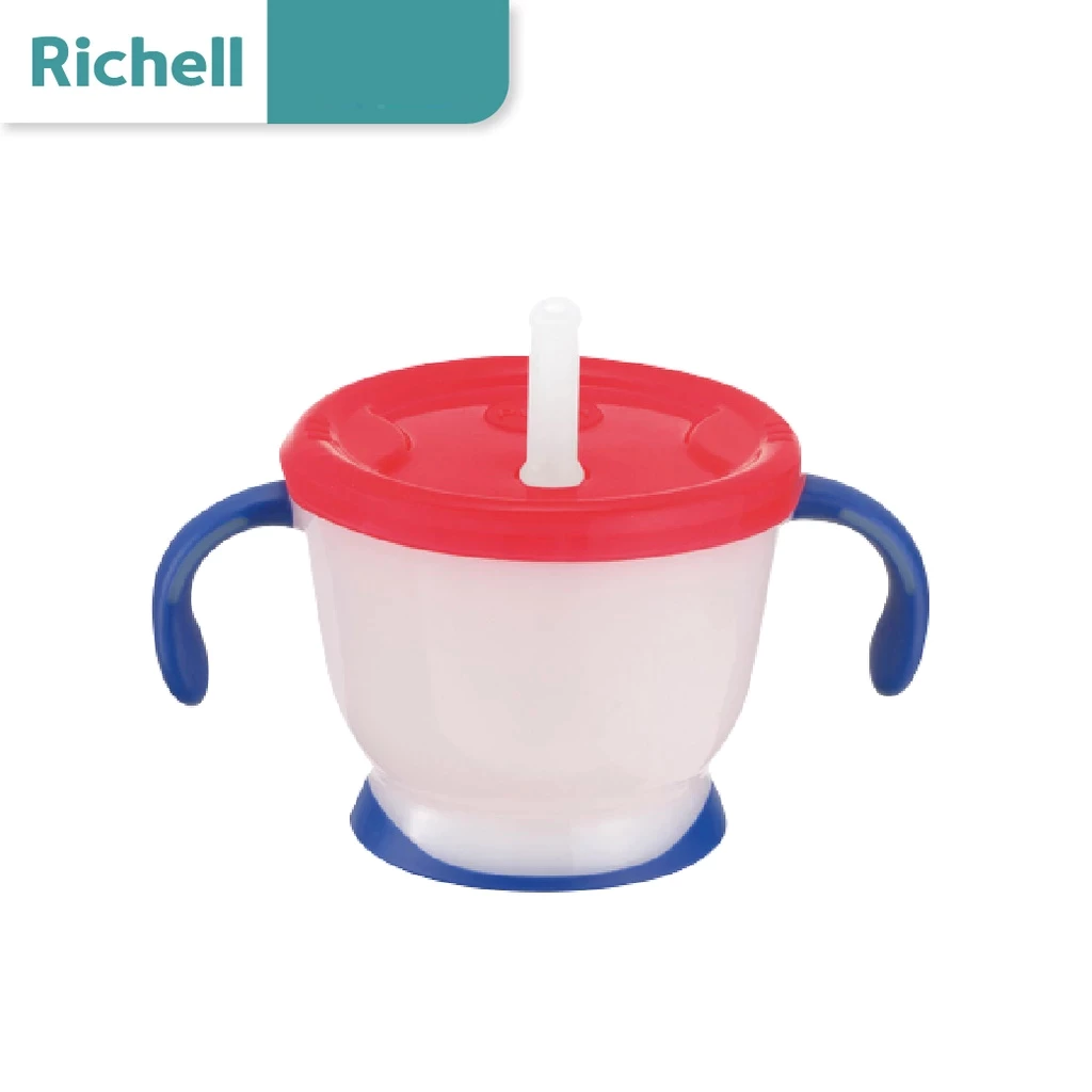 Richell (ริเชล) ถ้วยฝึกดูด มีปุ่มกดน้ำ สำหรับเด็กฝึกใช้หลอด หลอดกันสำลัก รุ่น AQ 150มล.
