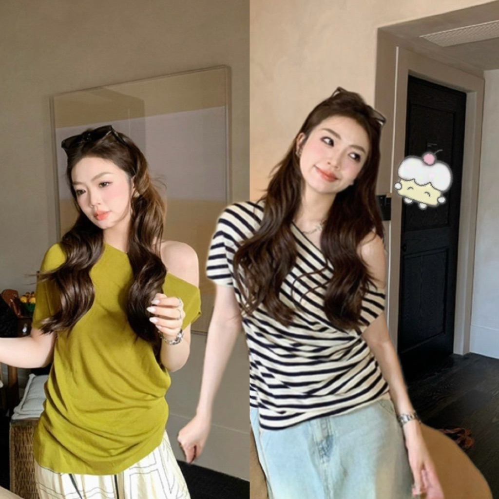 9030# เสื้อคอกว้างผ้าไหมพรม จะใส่เปิดไหล่ก็ดู sexy เนื้อผ้าดี งานสวย TAG:WG.WE 🇰🇷