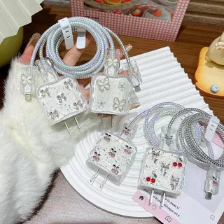 5 in 1 PD 18W/20W หัวชาร์จฝาครอบป้องกันม้วนเก็บสาย ชุดถนอมสายชาร์จลายการ์ตูนน่ารัก/เคสTPUหัวชาร์จ