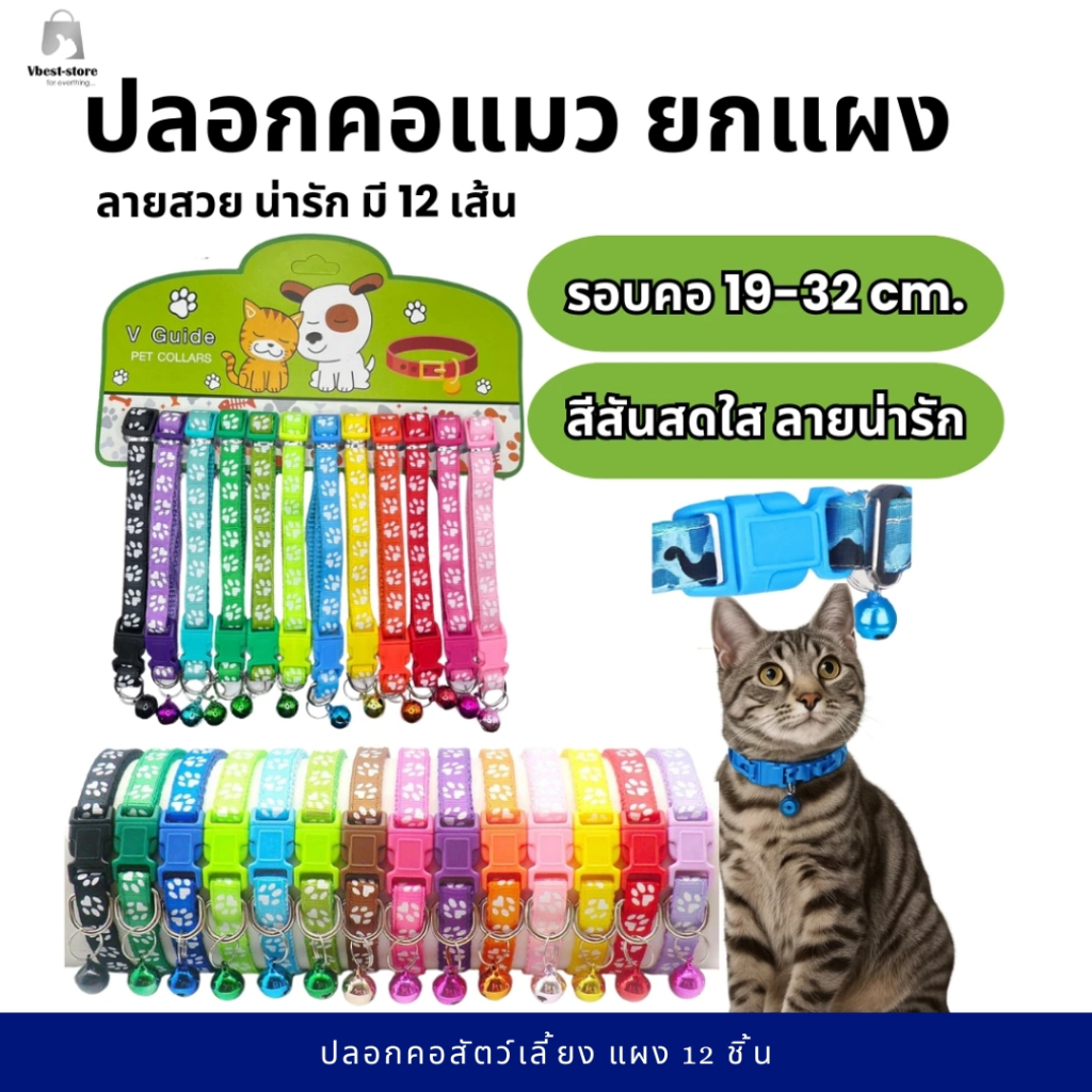 ปลอกคอแมว ยกแผง 12ชิ้น ขายดี พร้อมกระดิ่ง เสียงใส สีสด คุ้มค่ามาก