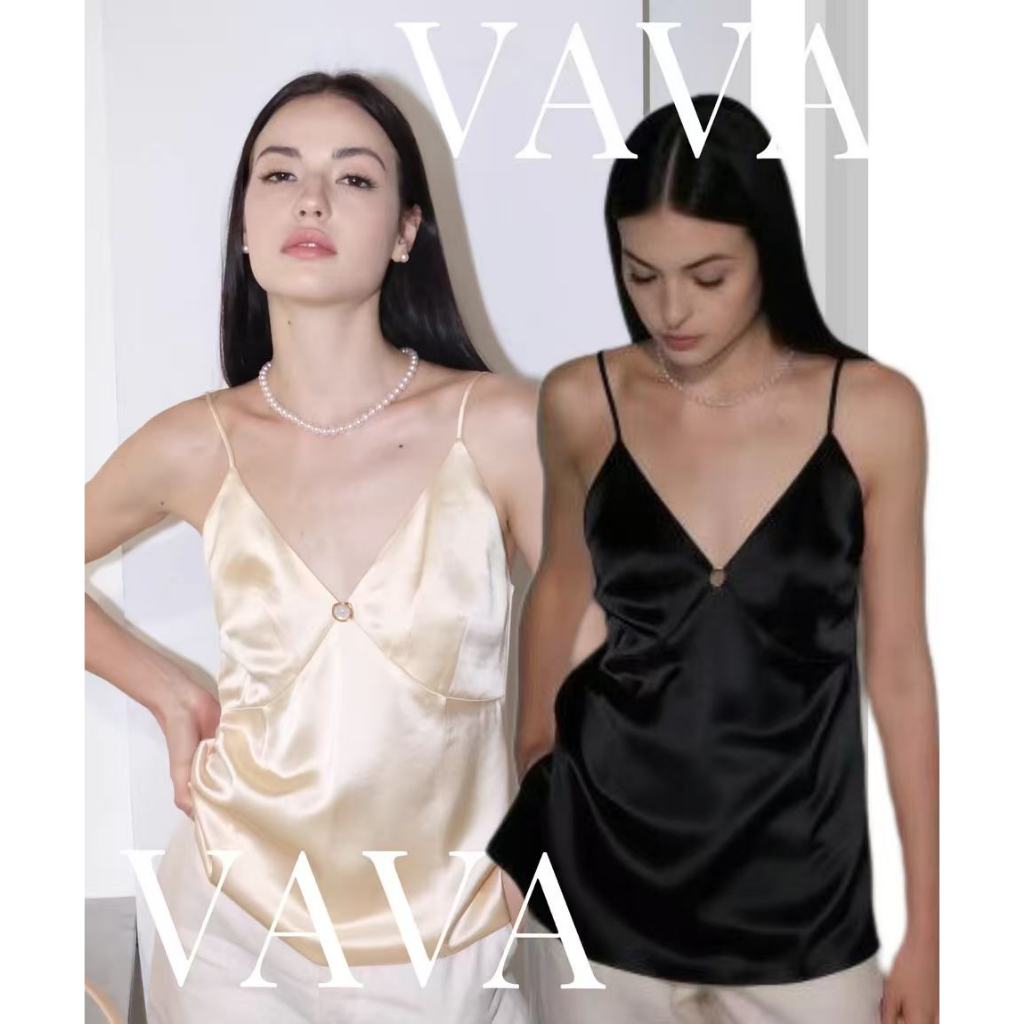 VaVa【ในสต็อก】เสื้อสายเดี่ยวผ้าซาตินแจ็กการ์ดทรงหลวม คอวี สไตล์ฤดูร้อน แฟชั่นผู้หญิง