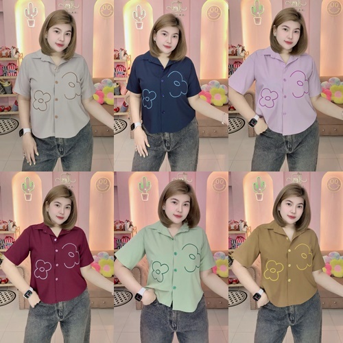 A63 เชิ๊ตคอปกปักดอกไม้แขนสั้น อก 40"-44"-48"-52"