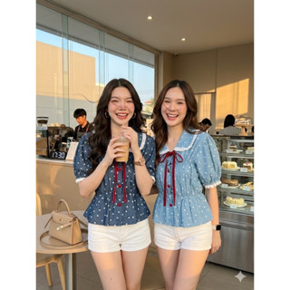 Heaha shop เสื้อคอบัวผ้ายีนส์ลายจุด