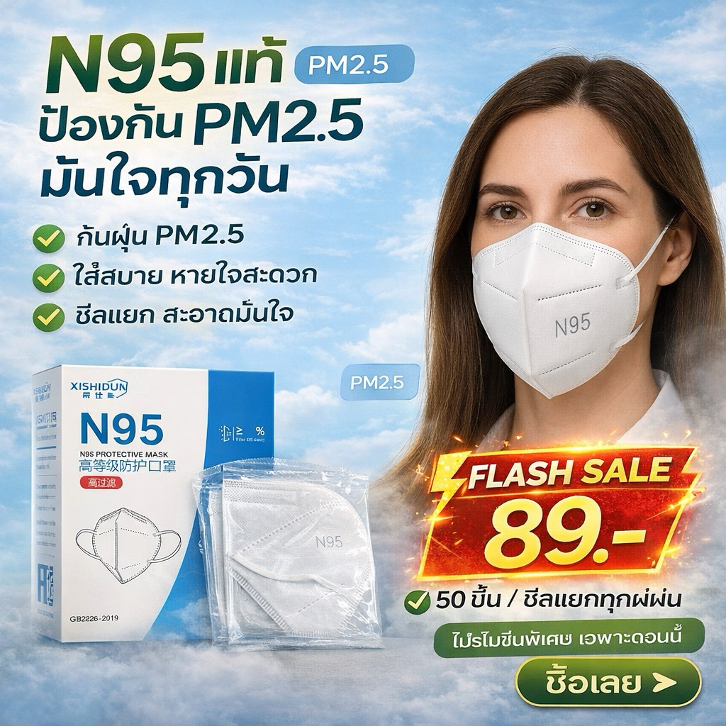 แมสN95 สำหรับผู้ใหญ่ (50ชิ้น) กรอง5 ชั้น พร้อมส่ง