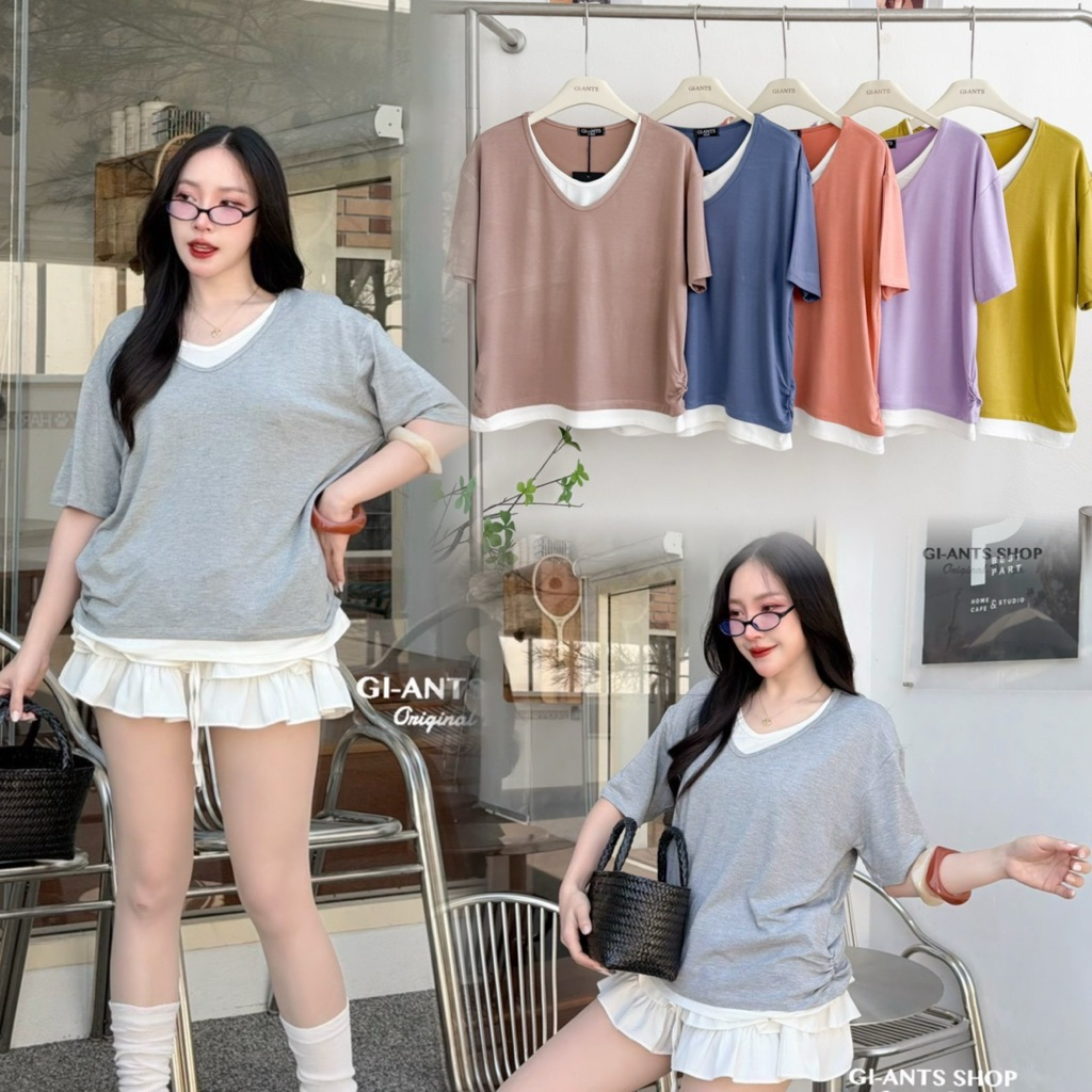 GI-ANTS (GI-440)เสื้อคอวีกุ้นจีบข้าง ดีเทลคอและชาย2ชั้น ผ้าเรย่อน