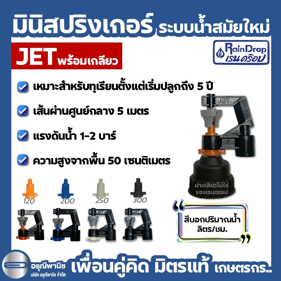 [แพ็กละ 10 ชุด] มินิสปริงเกอร์เรนดรอป RAINDROP รุ่น JET 120, 200, 250, 300 ลิตร หัวเหวี่ยง พร้อมฝาครอบเกลียวใน 3/4"x1/2"
