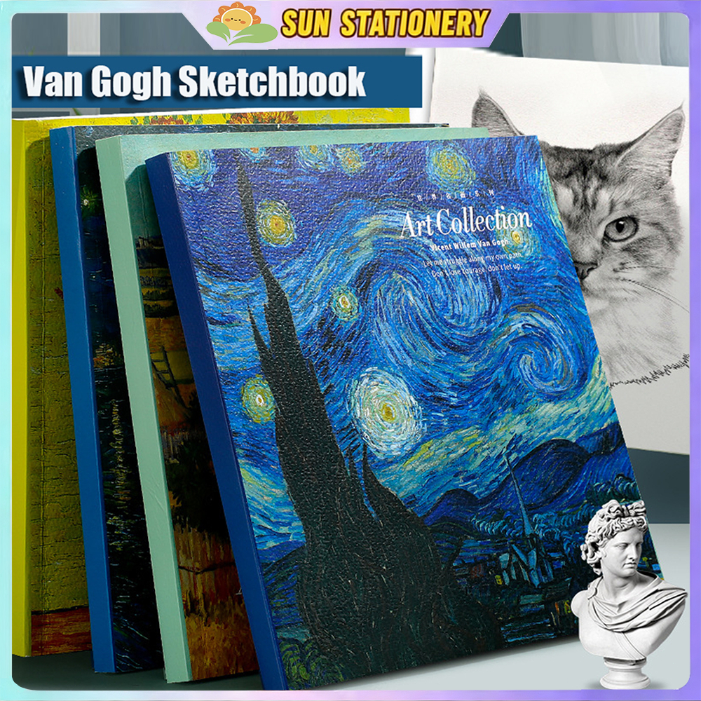 สมุดสเก็ตช์ ปกภาพสีน้ํามันแวนโก๊ะ 80 แผ่น 160 หน้าเปล่า ท้องฟ้า ดาว ดอกทานตะวัน ทุ่งข้าวสาลี ดวงจันทร์