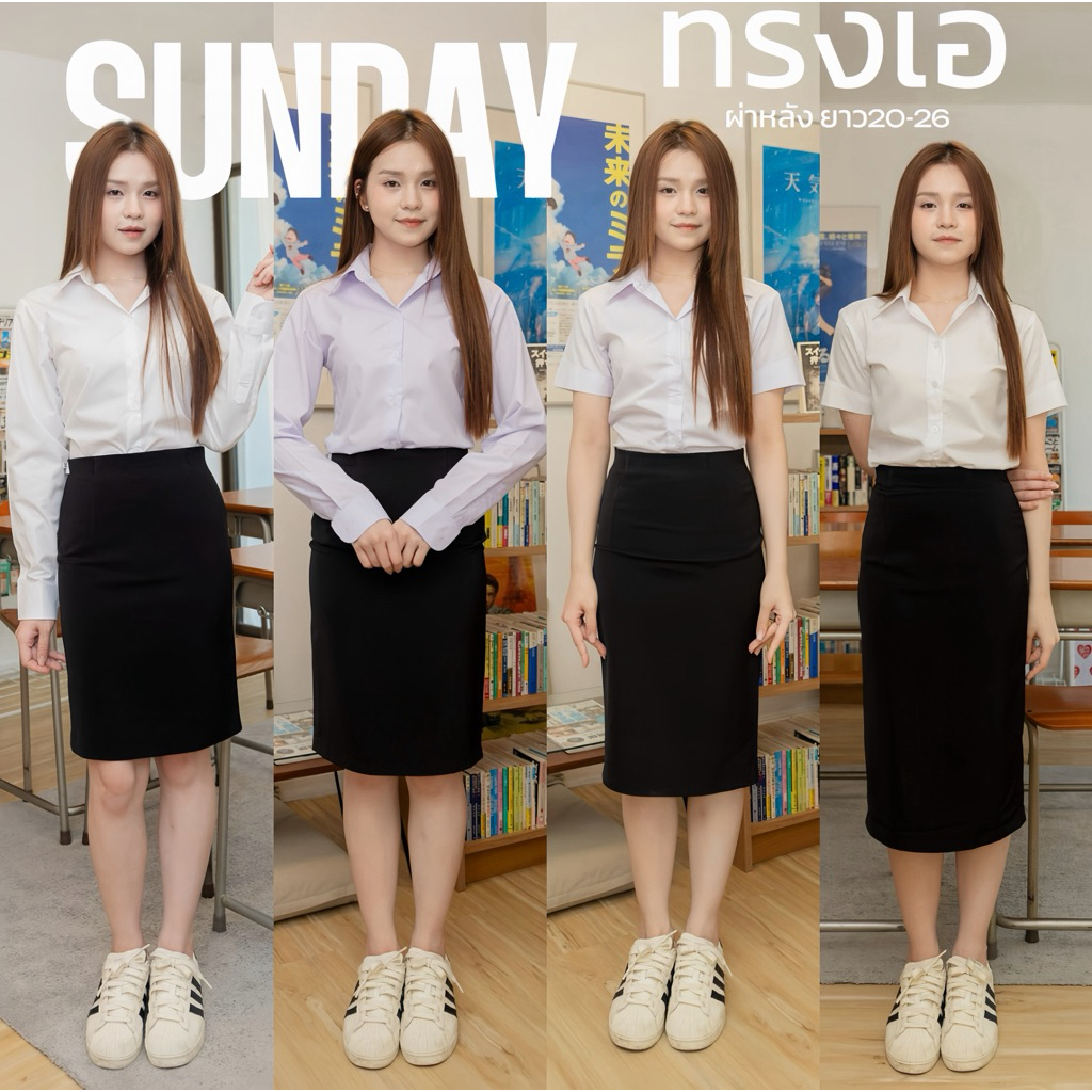 🪞กระโปรงทรงเอ ยาว20-22-24-26 ผ่าหลังทับ สีดำ ใส่เรียน/ใส่ทำงาน กระโปรงนักศึกษา