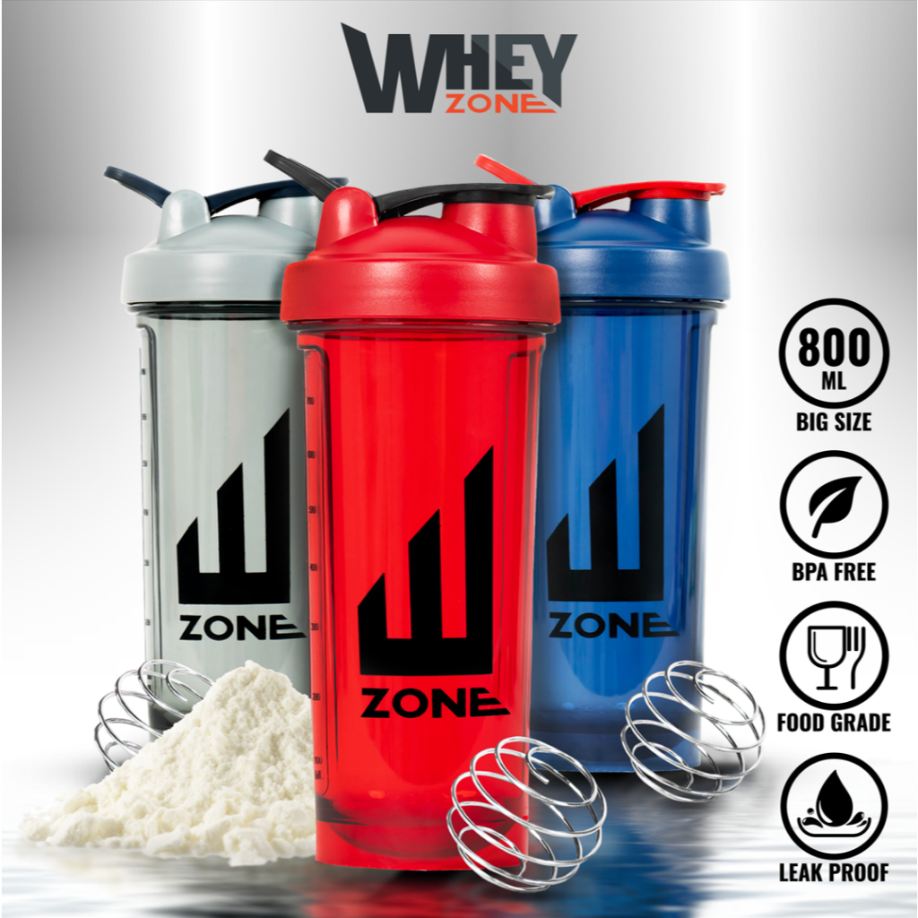 WHEYZONE แก้วเชคเวย์โปรตีน 800ml | Protein Shaker พร้อมบอลสแตนเลส เขย่าเนียน โปรตีนไม่จับตัว (สีเทา/แดง/น้ำเงิน)