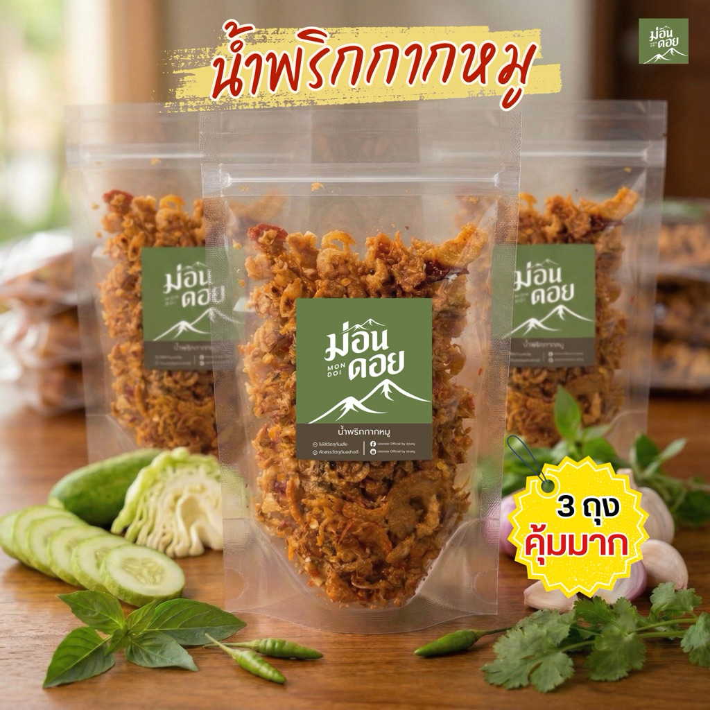 น้ำพริกกากหมู เซต 3 ถุง ขนาดถุงละ 100 กรัม แบบซอง กรอบ หอม อร่อย