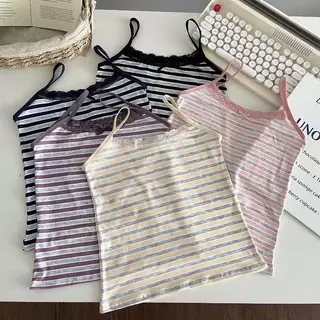 เสื้อสายเดี่ยวลายทาง สำหรับผู้หญิง แต่งลายลูกไม้ตรงคอโบว์ สุดน่ารัก เหมาะกับสาววัยใส ราคาถูก