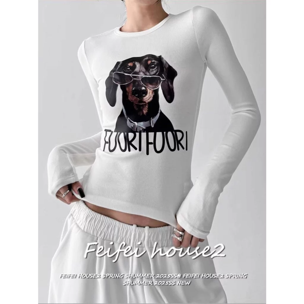 [Dog Print Long-Sleeve T-Shirt]เสื้อยืดคอกลมแขนยาวผู้หญิงลายตัวอักษรอังกฤษสัตว์ตัวสวยรูปร่าง