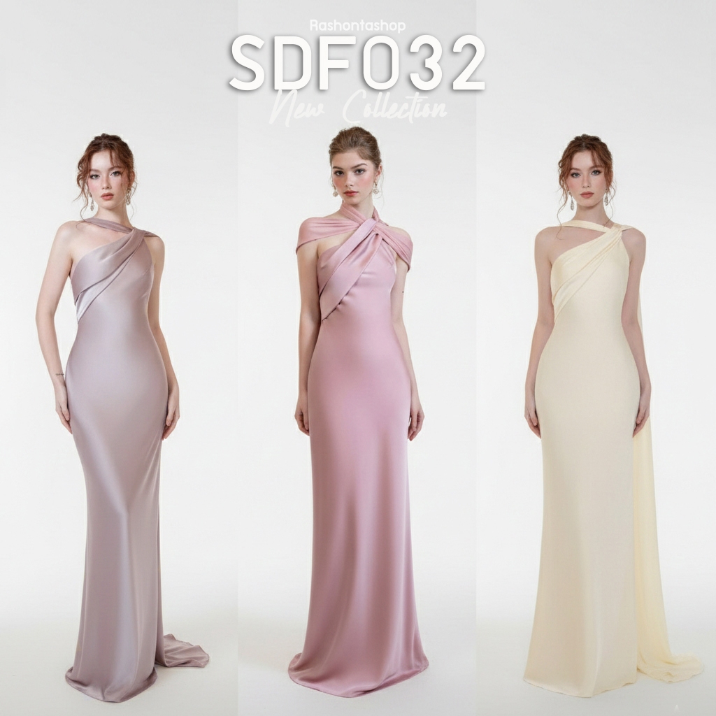 SDF032 : ชุดเดรสยาว เว้าหลัง มีผ้าพาดไหล่เป็นผ้าชีฟองติดกับชุด สามารถใส่ได้หลายแบบ