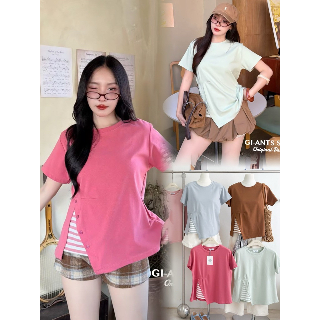 GI-ANTS (GI-477) เสื้อยืดคอกลมแขนสั้น ดีเทลริ้วต่อข้างแต่งกระดุมหัวใจ