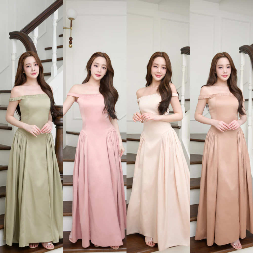 Pirunya - Long Dress 25 เดรสยาว ออกงาน ปาดไหล่ ขอบยางยืด ทรงเก็บหุ่น กระโปรงเสริมสะโพก