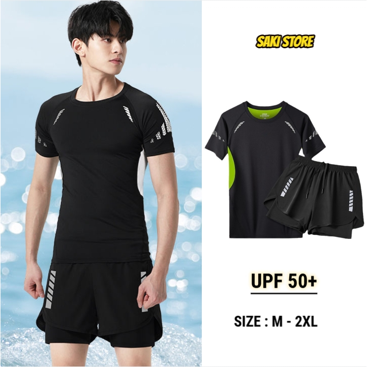 Saki Swimwear ชุดว่ายน้ำผู้ชาย ชุดว่ายน้ำชายแขนสั้น+กางเกงขาสั้นสองชั้น ผ้าแห้งเร็ว สวมใส่สบาย รุ่น SM-520