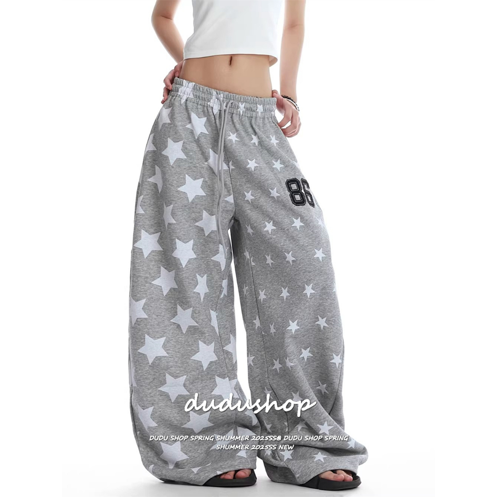 [Star numeric print wide-leg casual pants]สตรีทสปอร์ตสตรีพิมพ์ลายดาวกีฬาเต้นรำขากว้างกางเกงลำลอง