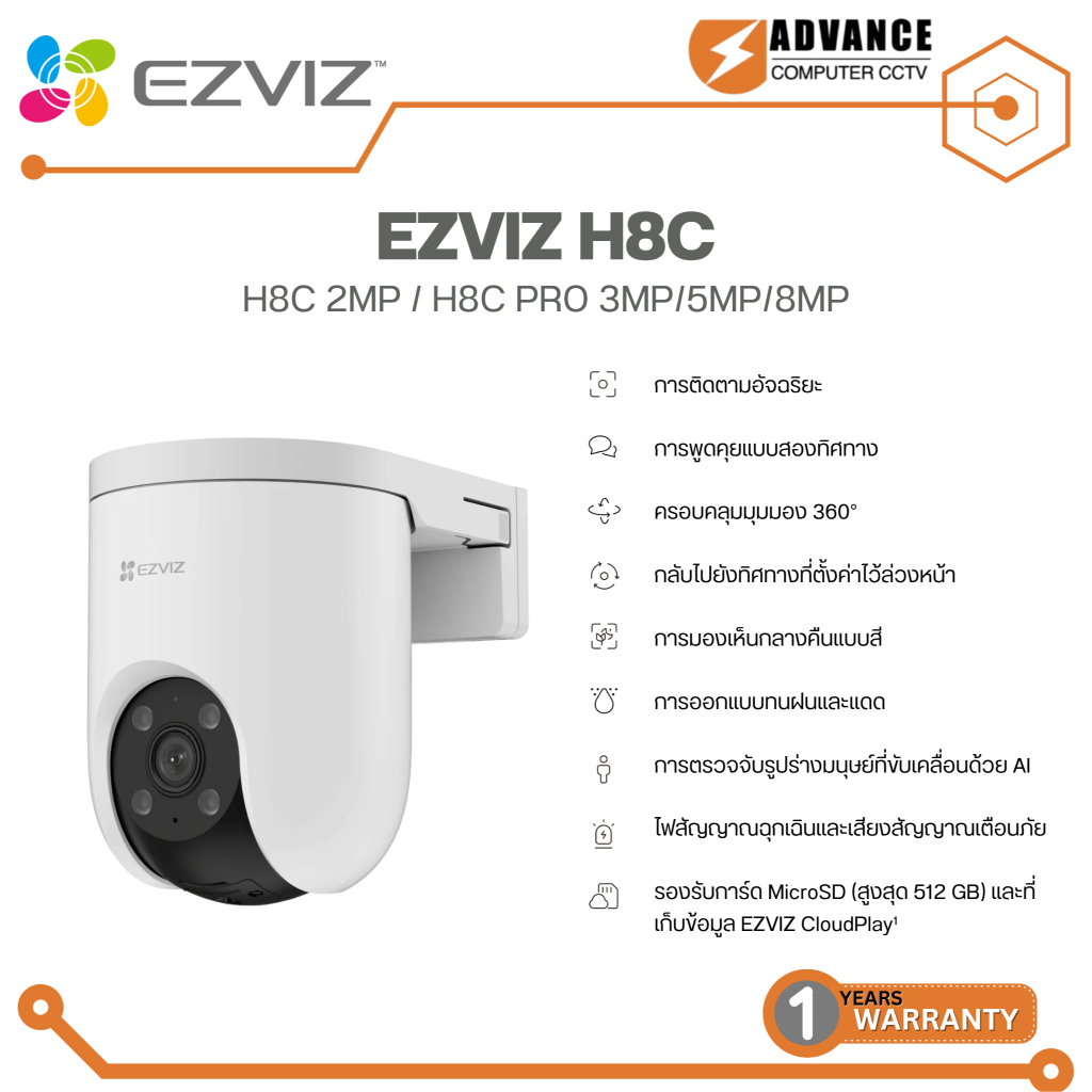 EZVIZ H8C Pro 2MP/3MP/5MP/8MP กล้องวงจรปิดไร้สาย ตรวจจับความเคลื่อนไหวมนุษย์และยานพาหนะ สินค้ารับประ