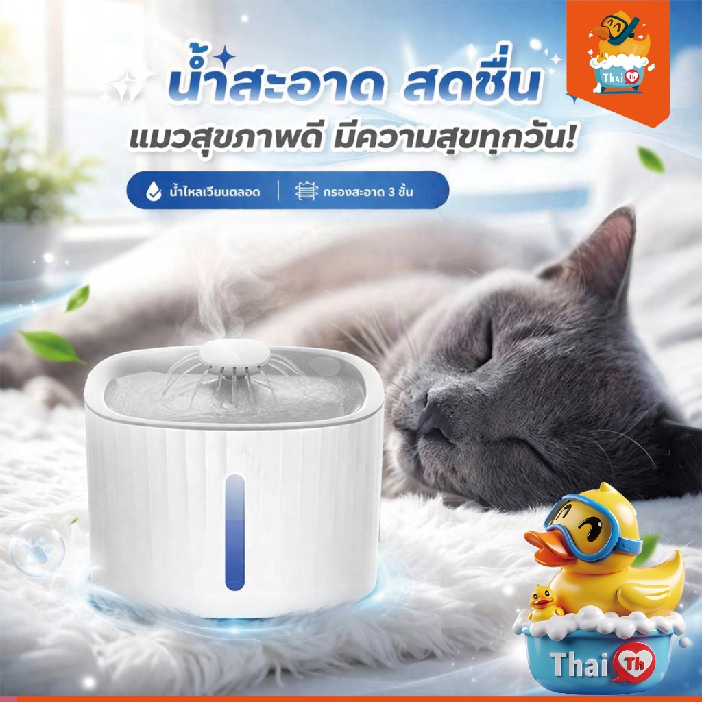 Thai.th น้ำพุแมว น้ำพุสัตว์เลี้ยง  ถังให้น้ำสัตว์เลี้ยง เครื่องกรองน้ำสัตว์เลี้ยง มีไฟ LED MIS03
