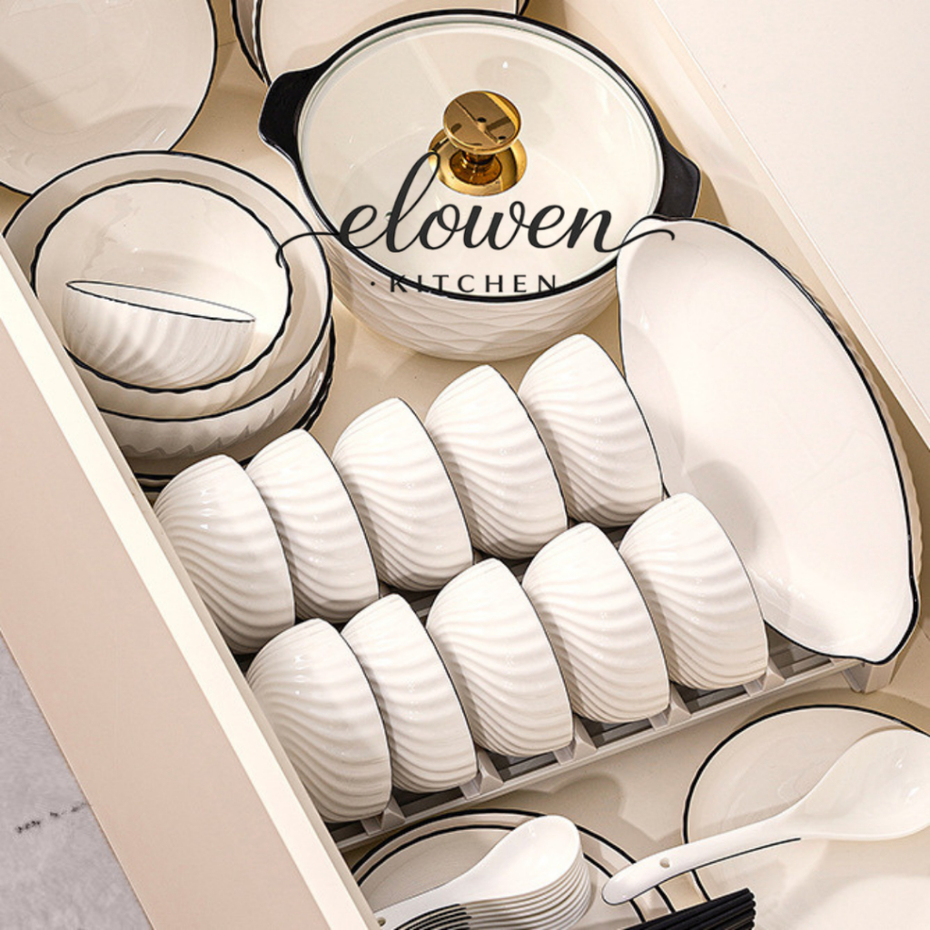 Elowen Kitchen จาน ชาม ลายเก็นเก็ตสึ เซรามิกญี่ปุ่นลายคลื่น ขอบดำพรีเมียม เข้าไมโครเวฟได้