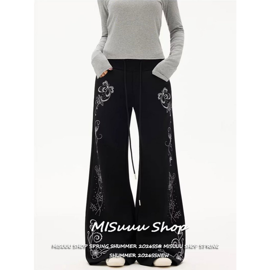 [Rhinestone Flare Casual Sweatpants]กางเกงสไตล์อเมริกันรัดรูปดูผอมลายประดับคริสตัลทรงขาปลายบาน