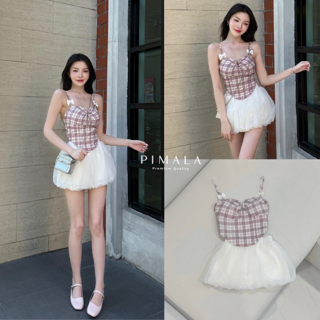 Pimala เซ็ทเสื้อลายตารางสายเดี่ยว