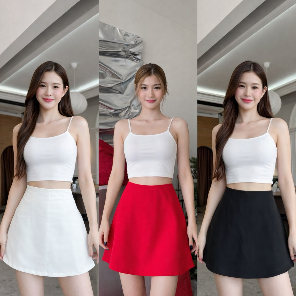 กางเกงกระโปรงเอวสูงทรงเอผ้าลิลลี่ใส่คริสต์มาสสวยๆน่ารัก