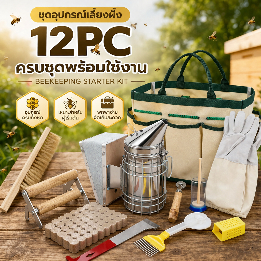 ชุดเครื่องมือเลี้ยงผึ้ง 12 ชิ้น ที่สูบควัน, แปรงปัดผึ้ง, ถุงมือหนังแกะ, มีดตัดรังผึ้ง