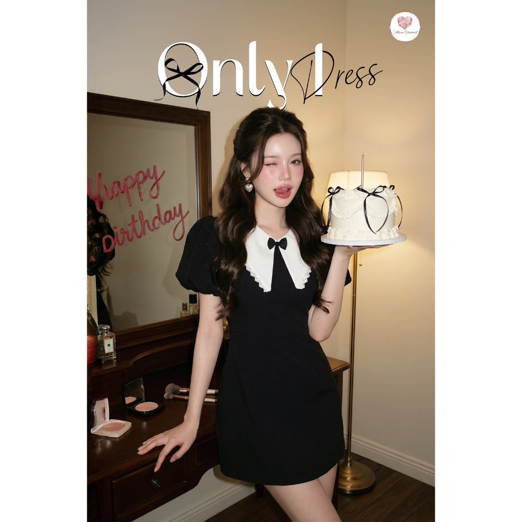 (มี3XL) Maria Diamond สีดำ Only I Dress เดรสสั้นผ้าซอฟสูท ปกแหลมแต่งโบว์ แขนสั้นตุ๊กตา ซิปหลัง มีซับใน