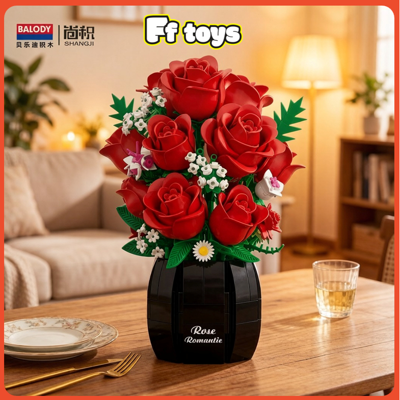 DIY ตัวต่อดอกกุหลาบถาวร + แจกัน 18CM 687pcs ของเล่นเด็ก ของขวัญ ของแต่งโต๊ะเก๋ๆ ของชำร่วย