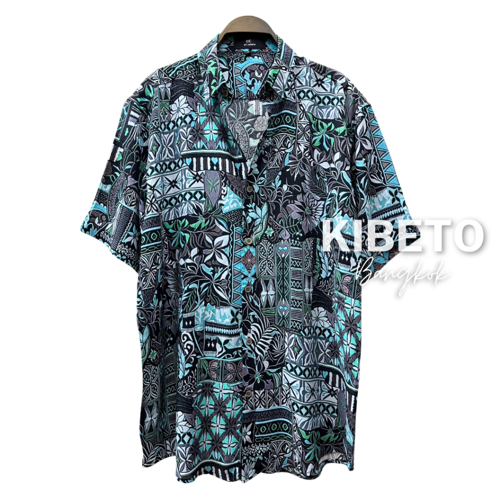 Kibeto เสื้อฮาวาย เสื้อสงกรานต์ ลายชนเผ่าดอกเล็ก สีฟ้า ผ้าสปันเรยอน ผ้านิ่ม ใส่สบาย M L XL 2XL 3XL