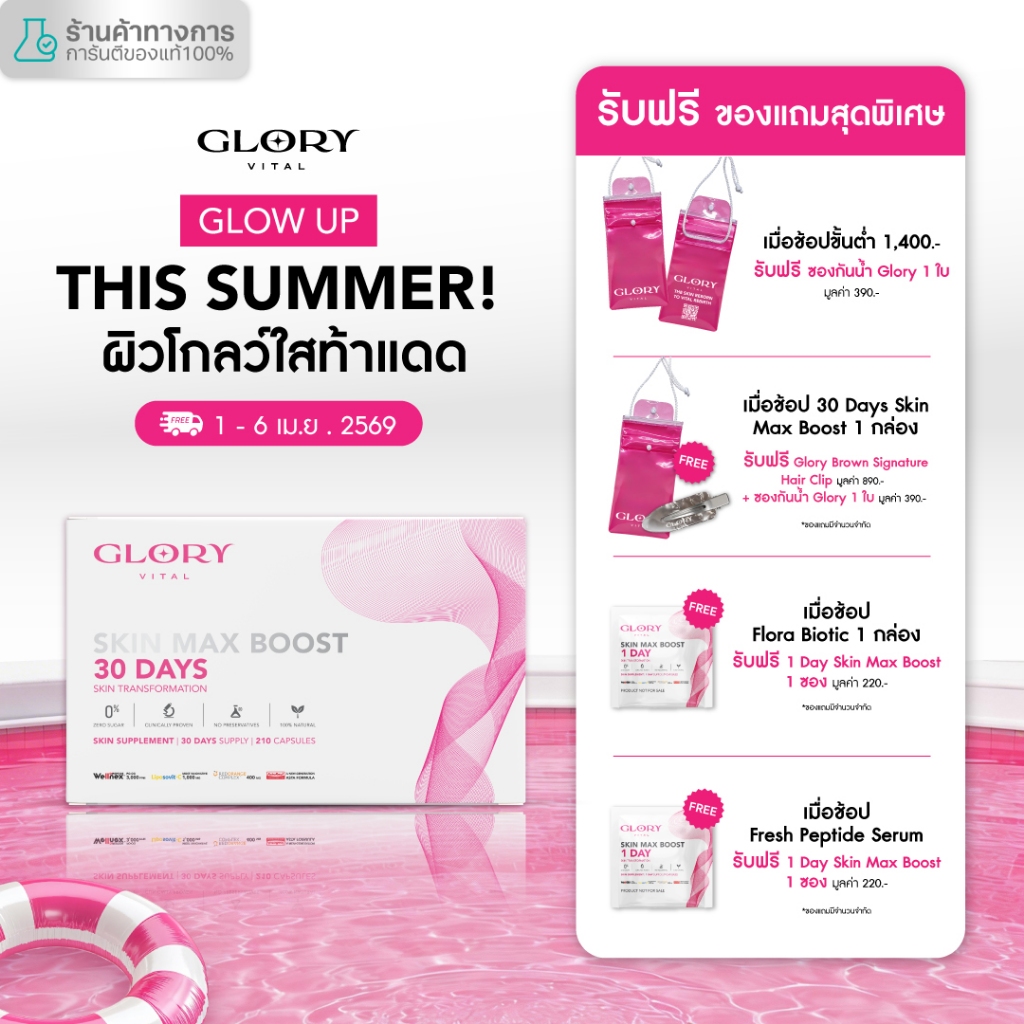 Glory 30DAYS Skin Max Boost วิตามินดริปผิว กลอรี่คอลลาเจน วิตามินซีมะเขือเทศ สารสกัดส้มสีเลือด และแอ