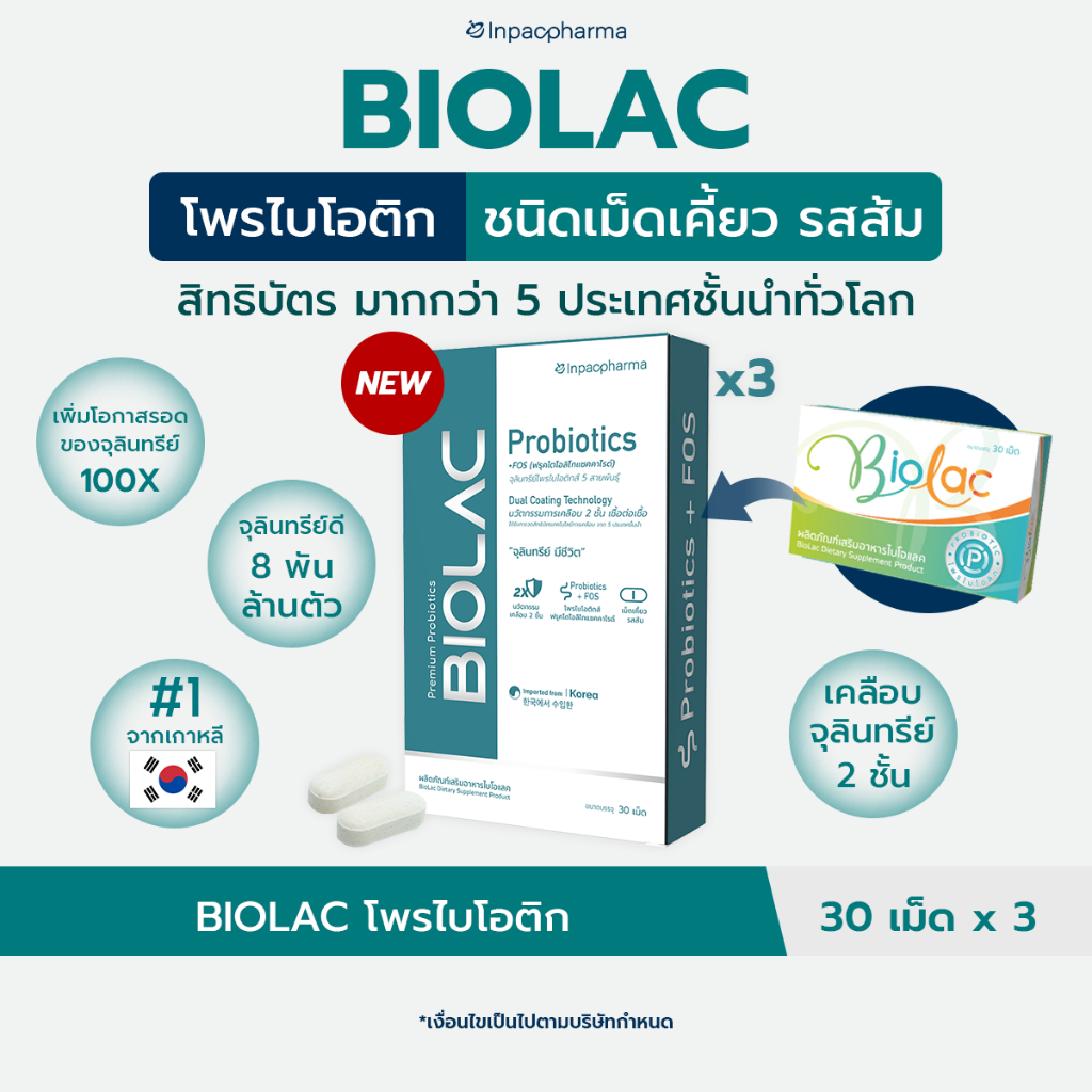 [ส่งฟรี] BIOLAC 30 เม็ด 3 กล่อง พรีเมียมโพรไบโอติก เม็ดเคี้ยว รสส้ม นวัตกรรมห่อหุ้มจุลินทรีย์แบบ 2 ชั้น