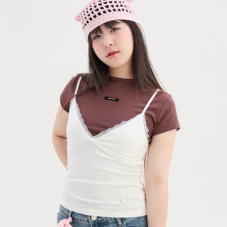 Bemingtop1141(S-3XL) - BMG Vian Lace Top - สายเดี่ยวทรงเข้ารูป ดีไซน์คอวีแต่งระบายลูกไม้