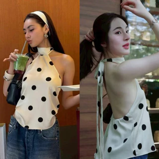 STR พร้อมส่ง💗🍦เสื้อครอปคอเต่าแขนกุด ลายจุด ผ้าสาติน สีพื้น มีสายผูกด้านหลัง ทรงปล่อยสวม แมทซ์ง่าย เซ็กซี่แฟชั่นผู้หญิง